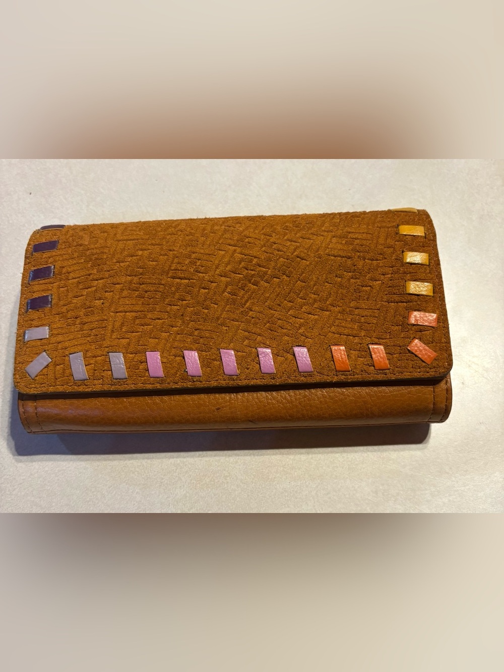 Vintage Fossil Brown Leather Multicolor Trifold Wallet Boho Patchwork
